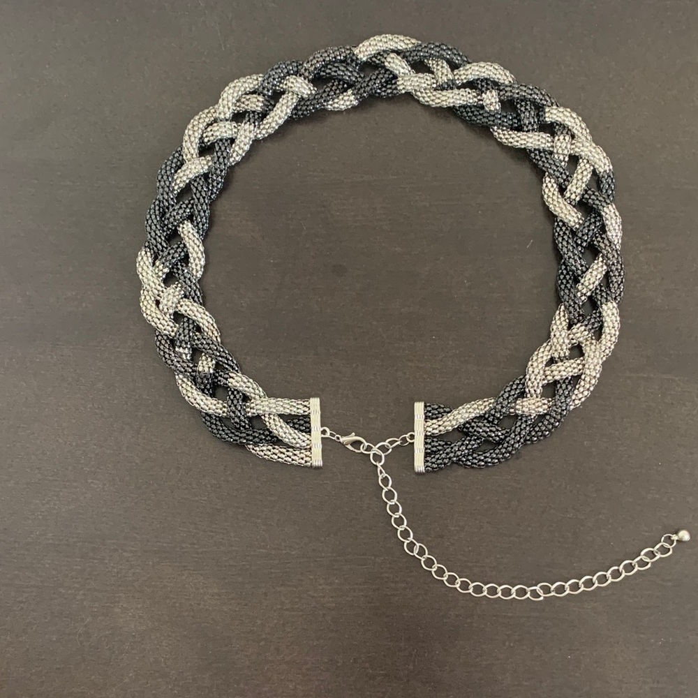 Elegant Black and Silver Braided Chain Belt with extender.